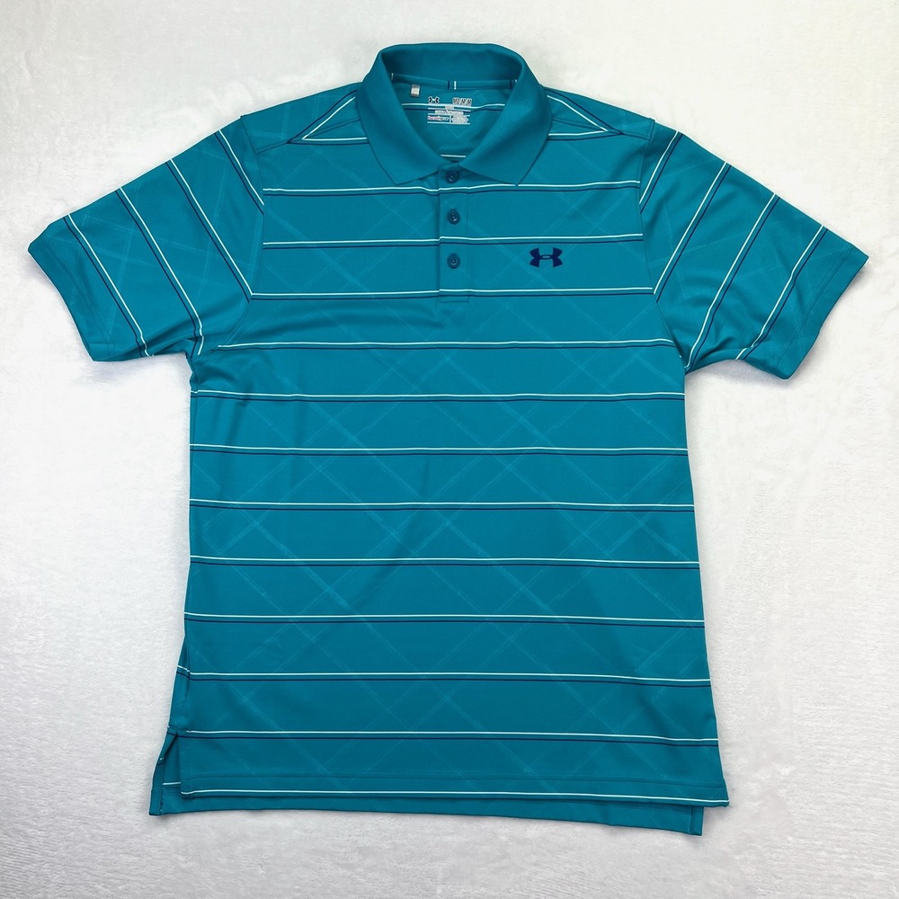 Under Armour Polo Shirt Mens Medium Teal Blue Striped HeatGear Loose Fit Golf